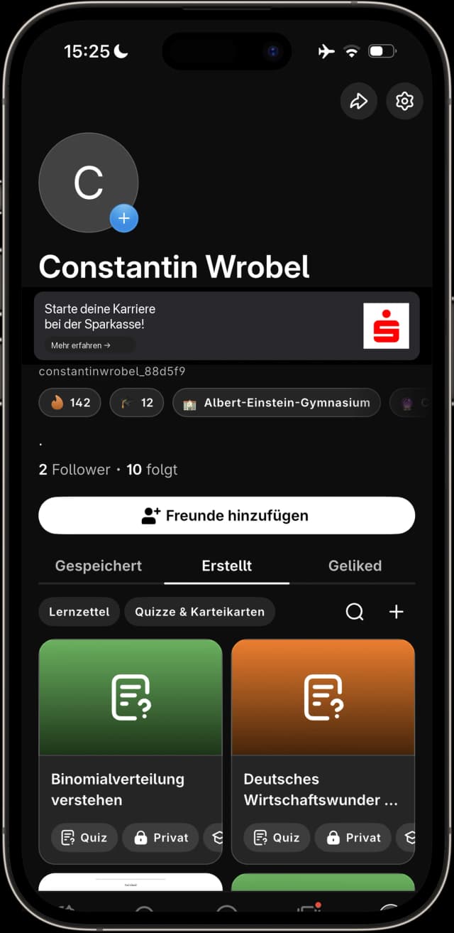 Knowunity Pro Profil mit Sparkasse Banner